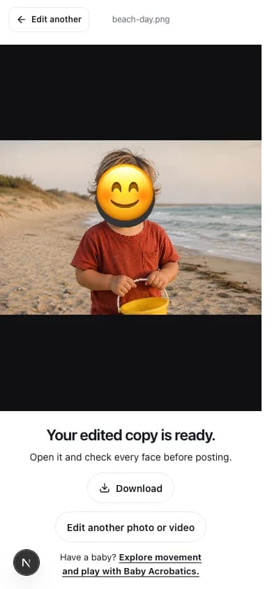 The phone export screen shows the sample photo with an emoji over the face, a reminder to check the edited copy, and the Download button.