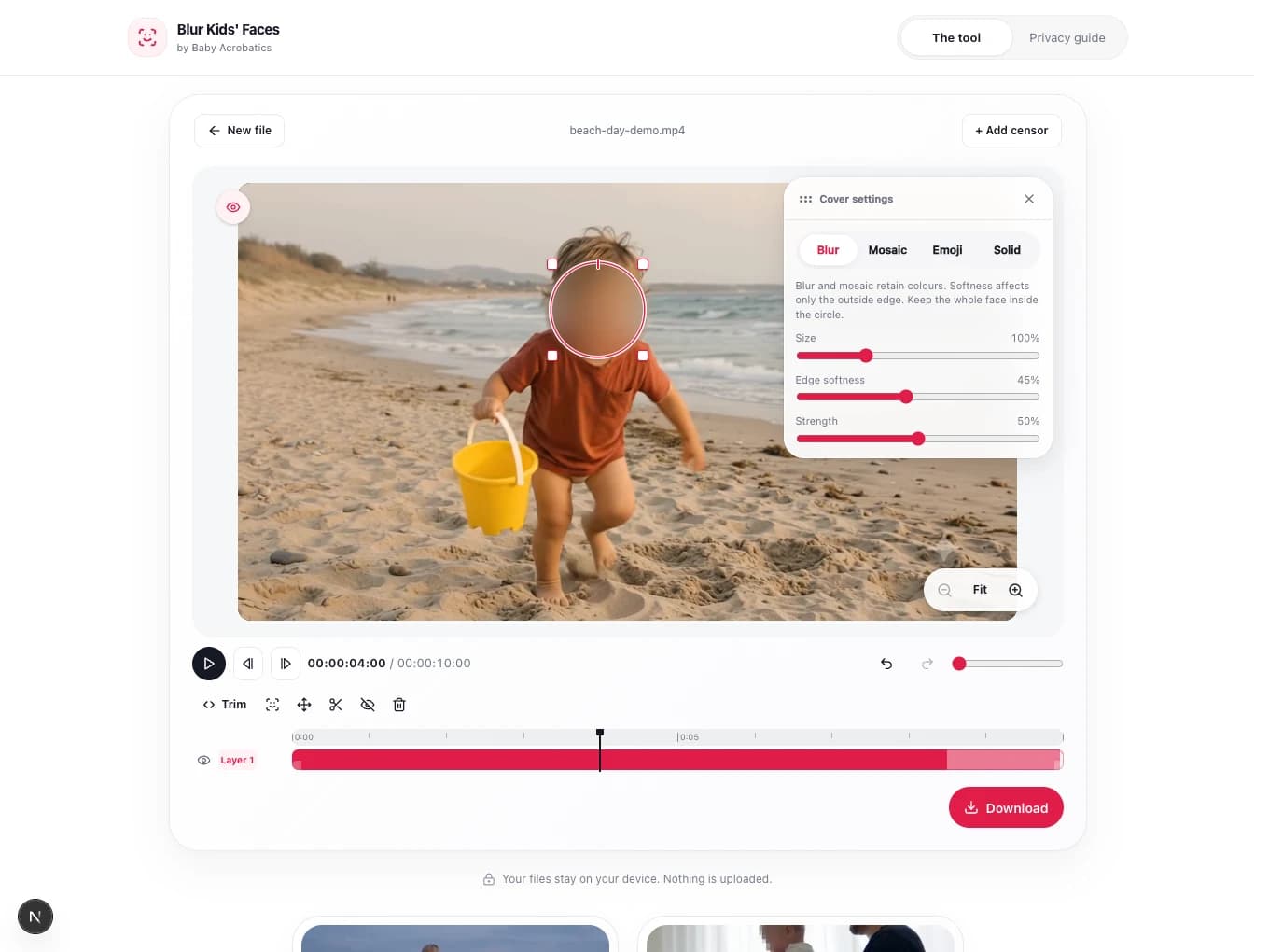 The same sample video at 00:00:04:00, with a smaller blur cover following the face as the child moves farther from the camera.