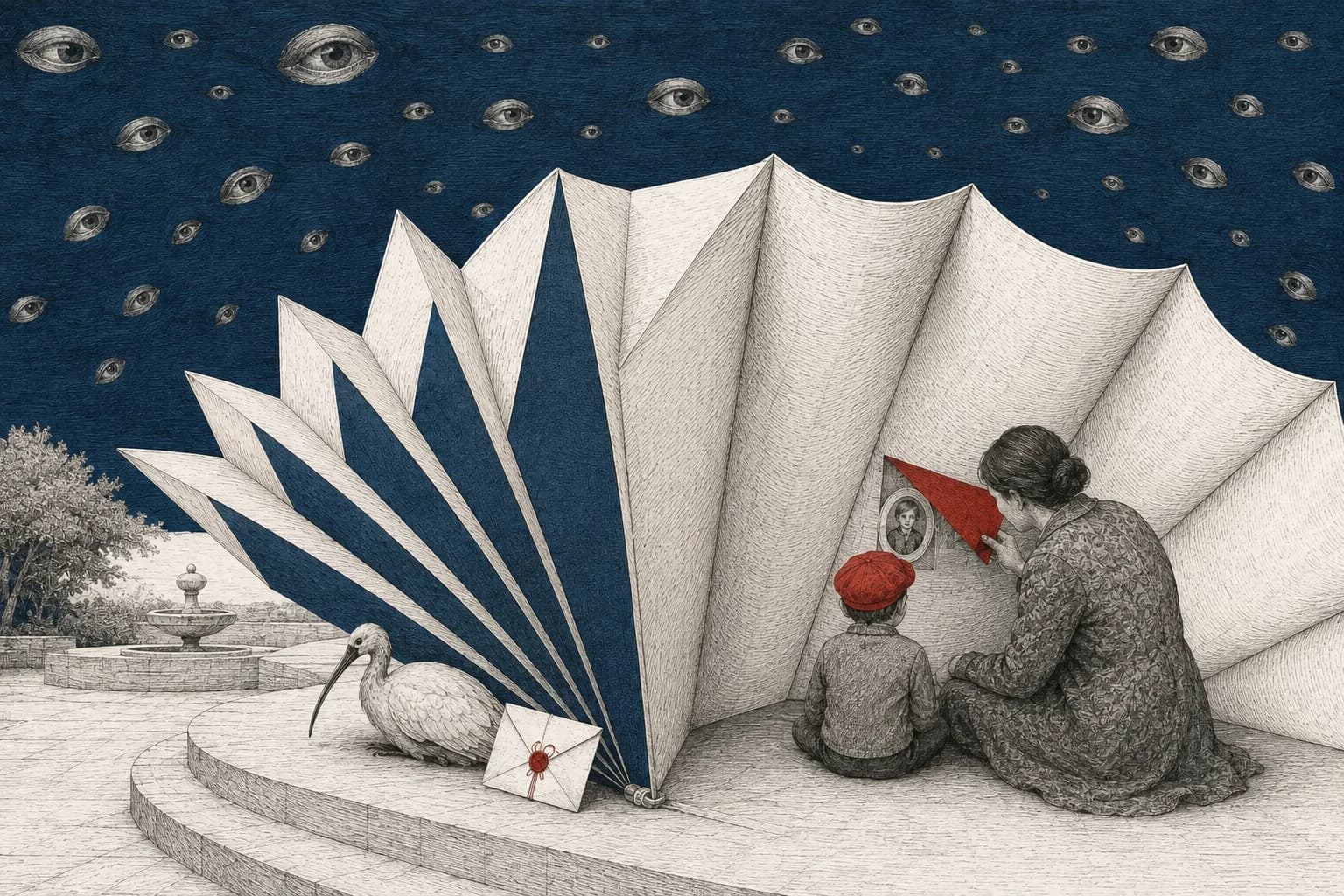 A parent and child sit behind a folded paper screen beneath a blue sky of engraved eyes; an ibis waits beside a sealed letter.
