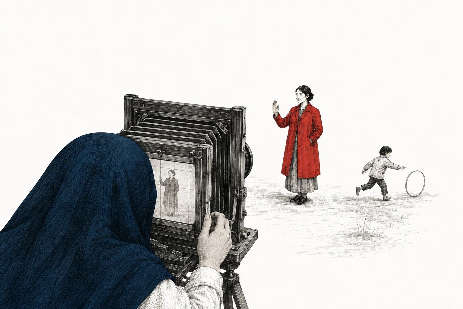 A parent raises a polite hand beside a large bellows camera while a child plays beyond it.