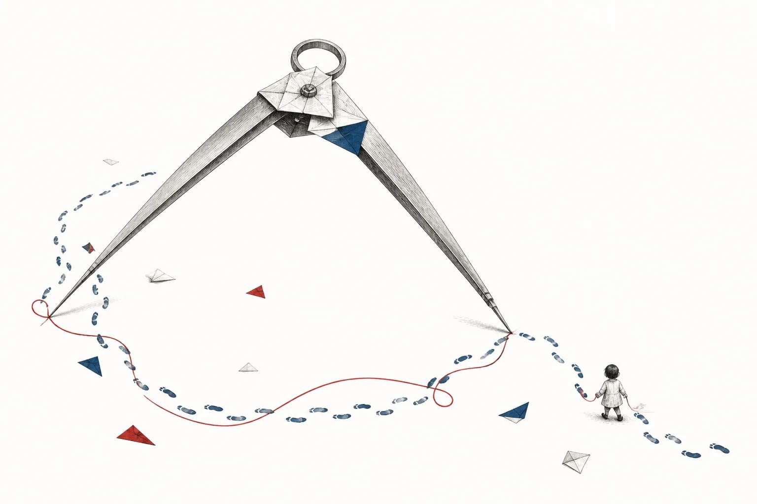 An enormous drafting compass tries to follow a small child's wandering route.
