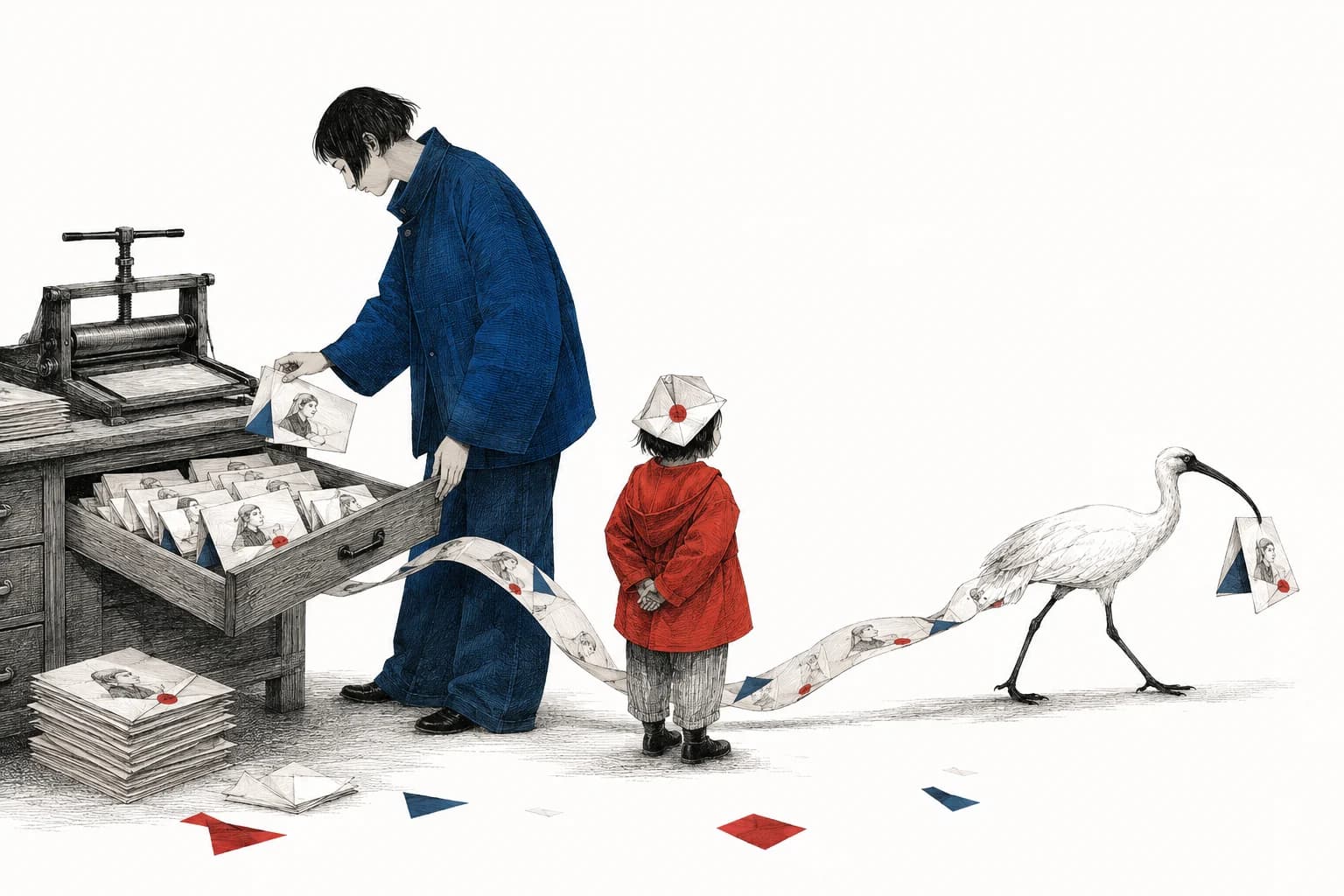 A parent gathers printed portraits while a child watches an ibis carry another copy away.