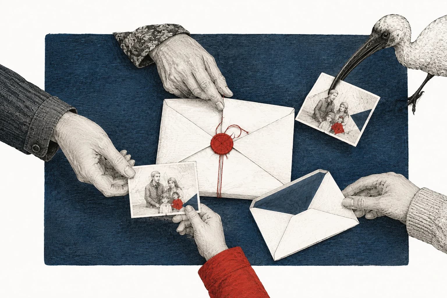 Hands pass a family picture across a blue tabletop beside a folded letter and an ibis.