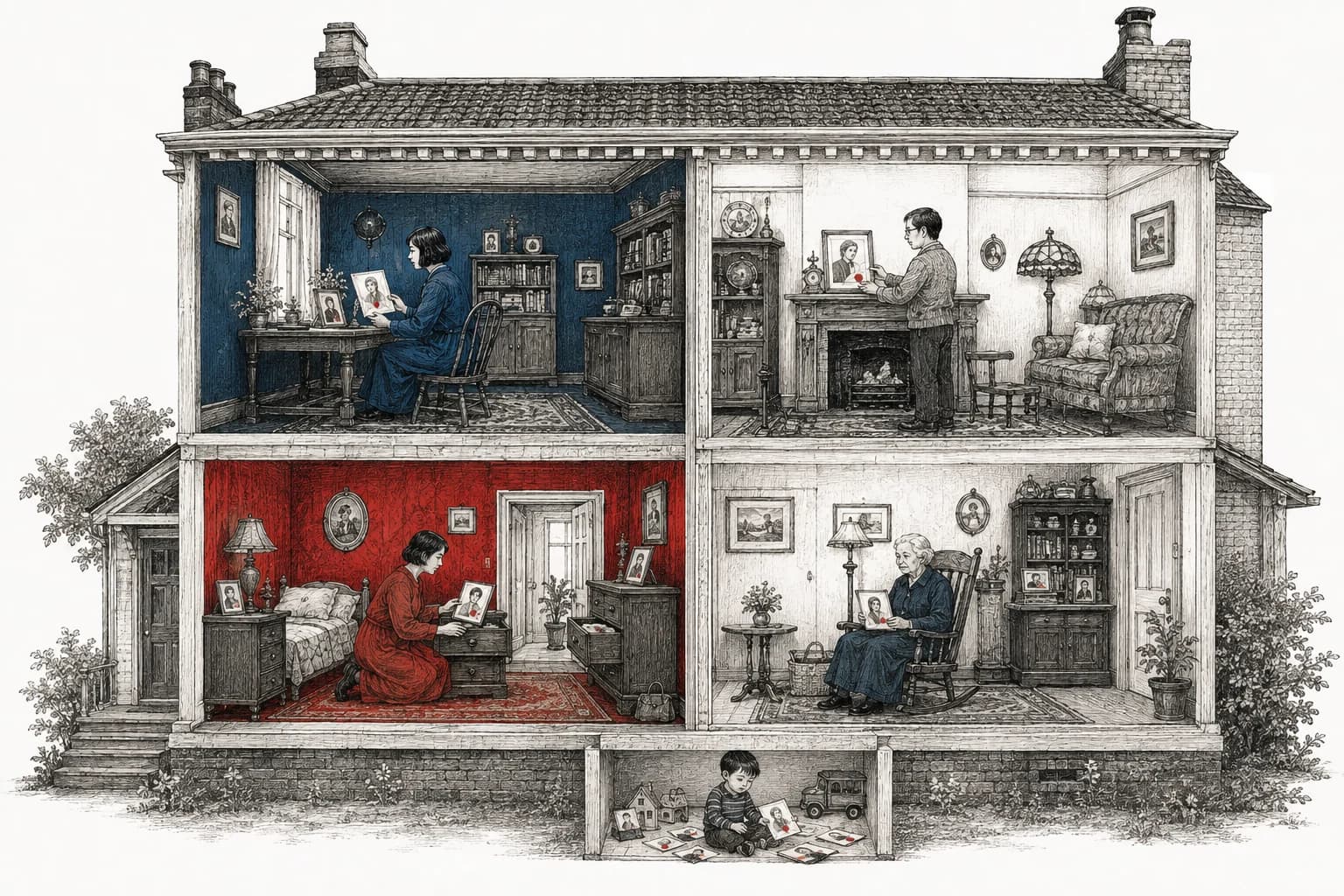 A cutaway paper house shows different relatives keeping family pictures in separate rooms.