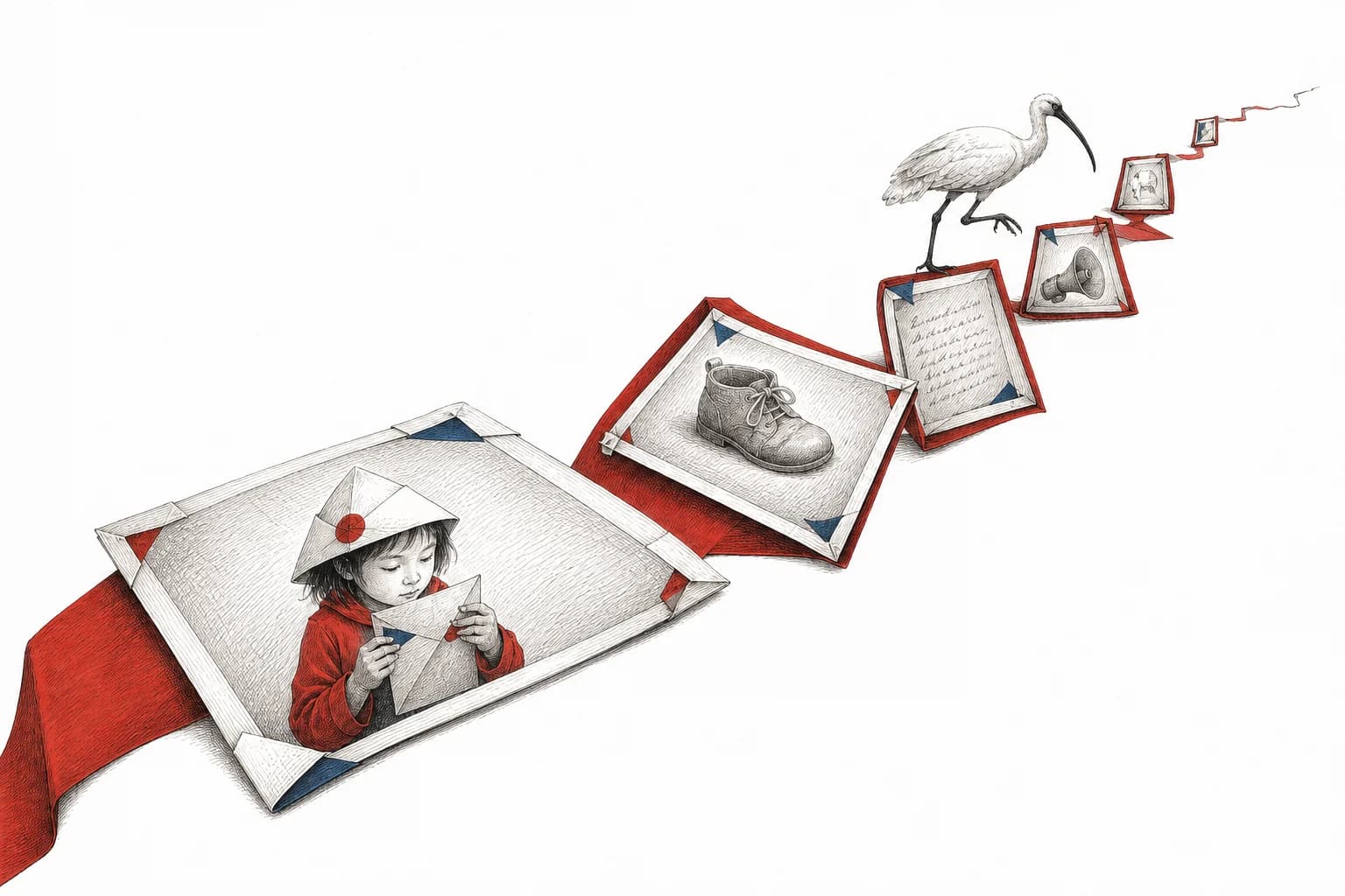 A ribbon of picture frames carries traces of a child, words and sound across the page.