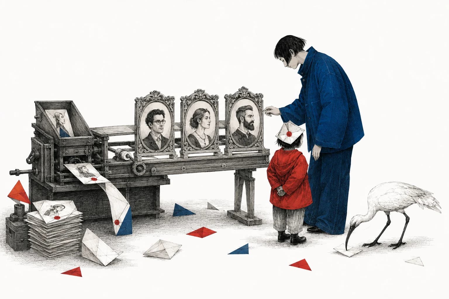 A paper machine offers three different imagined portraits while a family looks on.