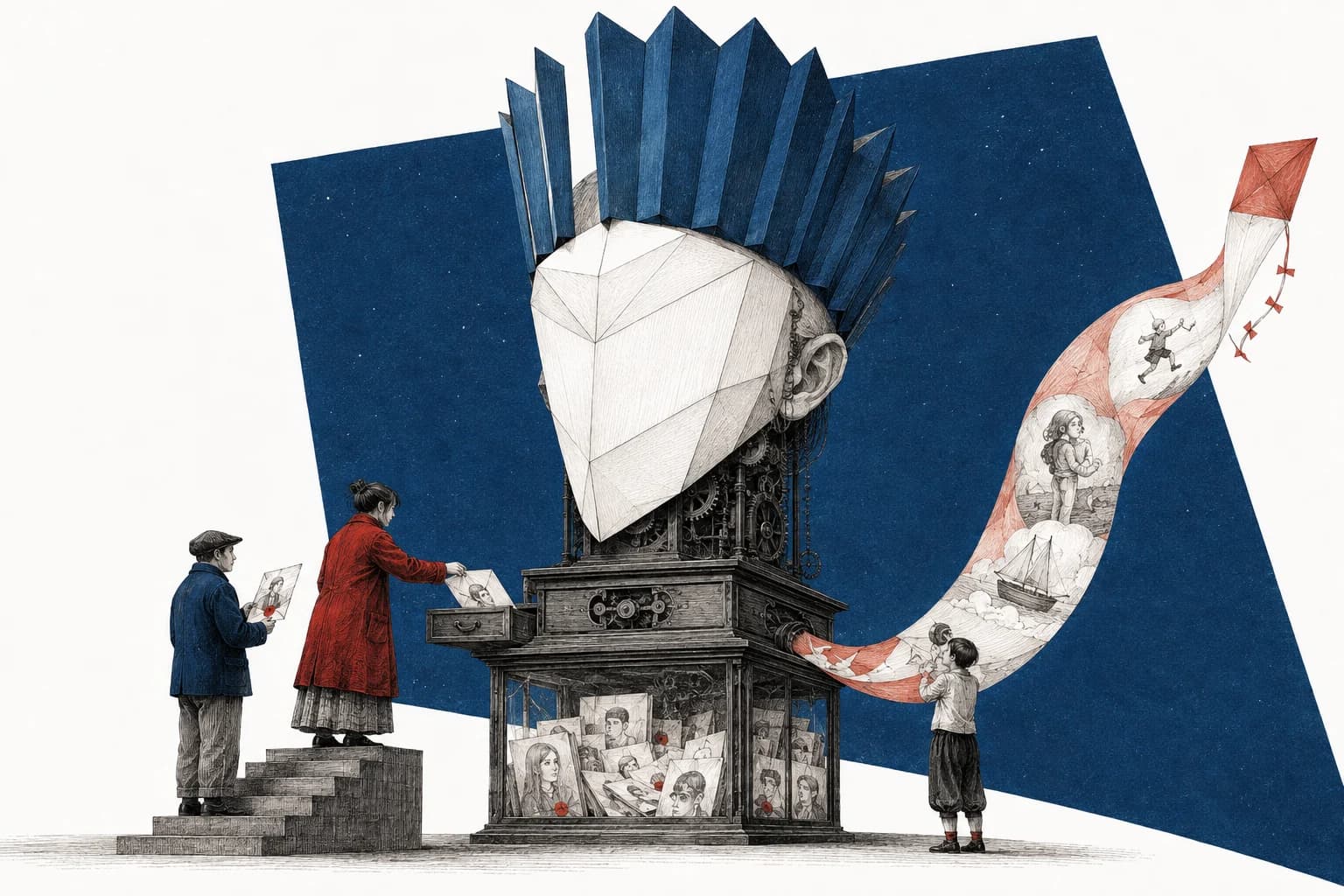 A towering paper oracle accepts family prints, stores the originals and offers invented pictures.