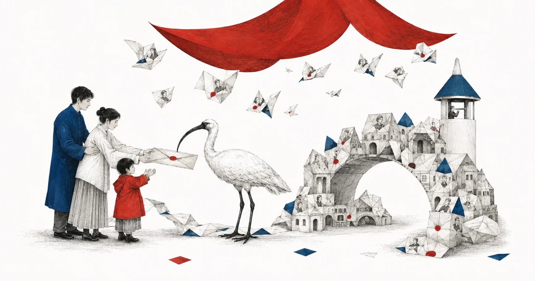 A family, a folded private letter and an ibis beside an imaginary paper town.