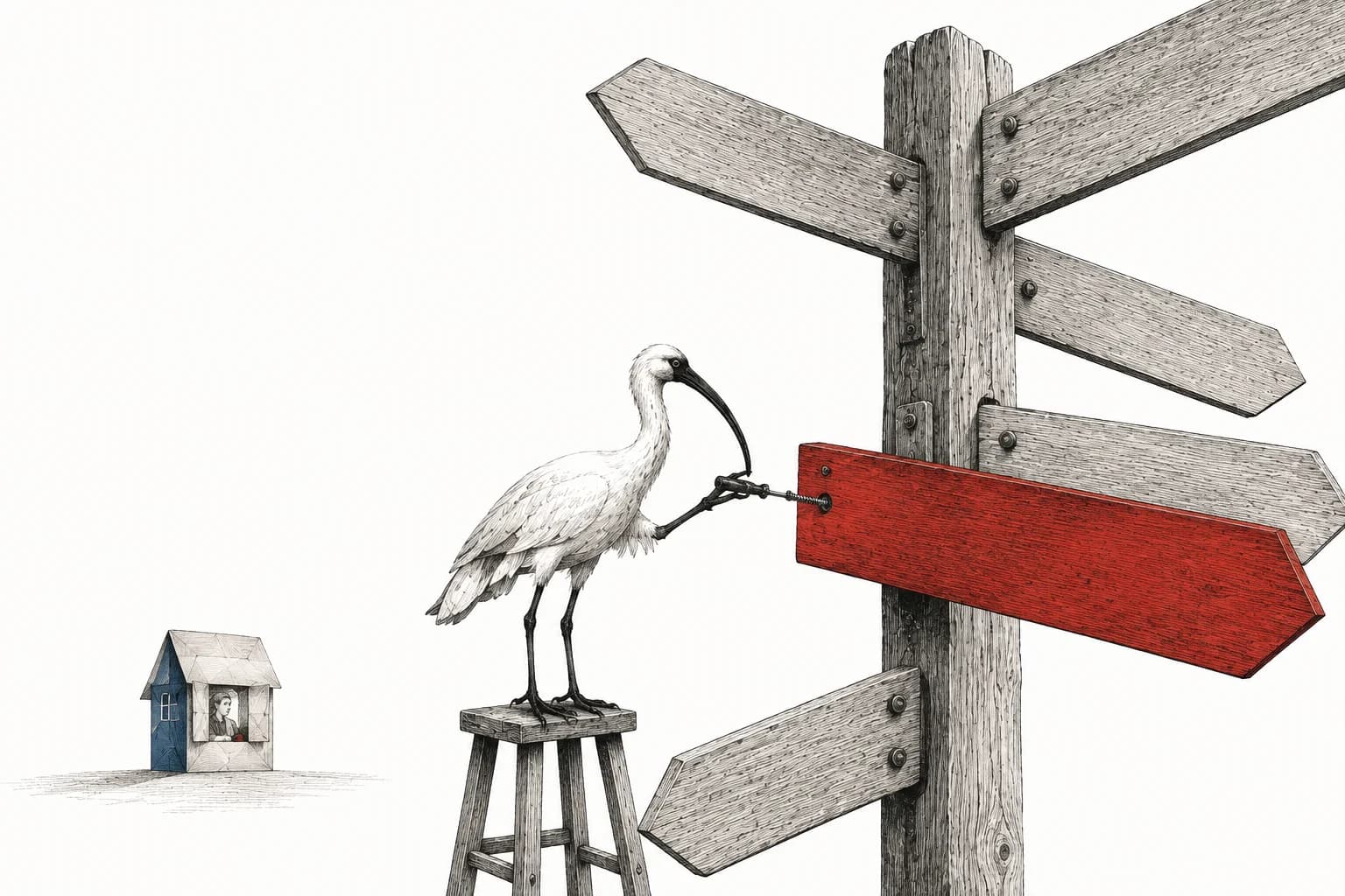 An ibis takes apart a signpost while the house it points to still holds a picture.