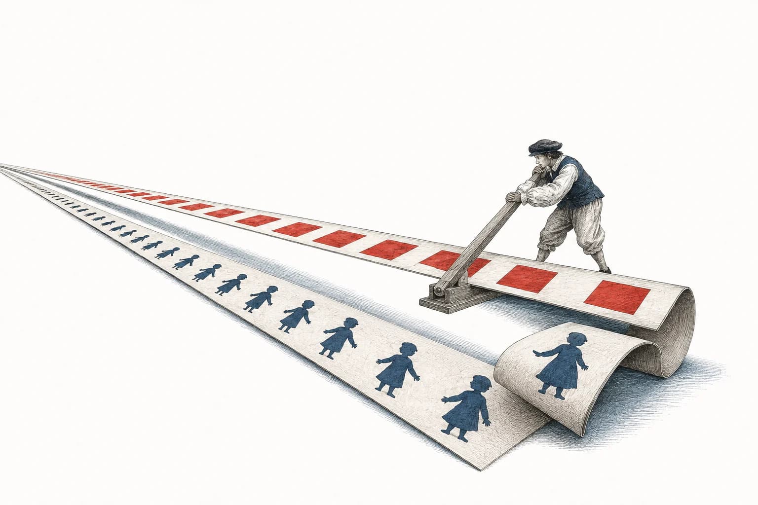 A craftsperson aligns two paper ribbons carrying a child and a set of red covers.