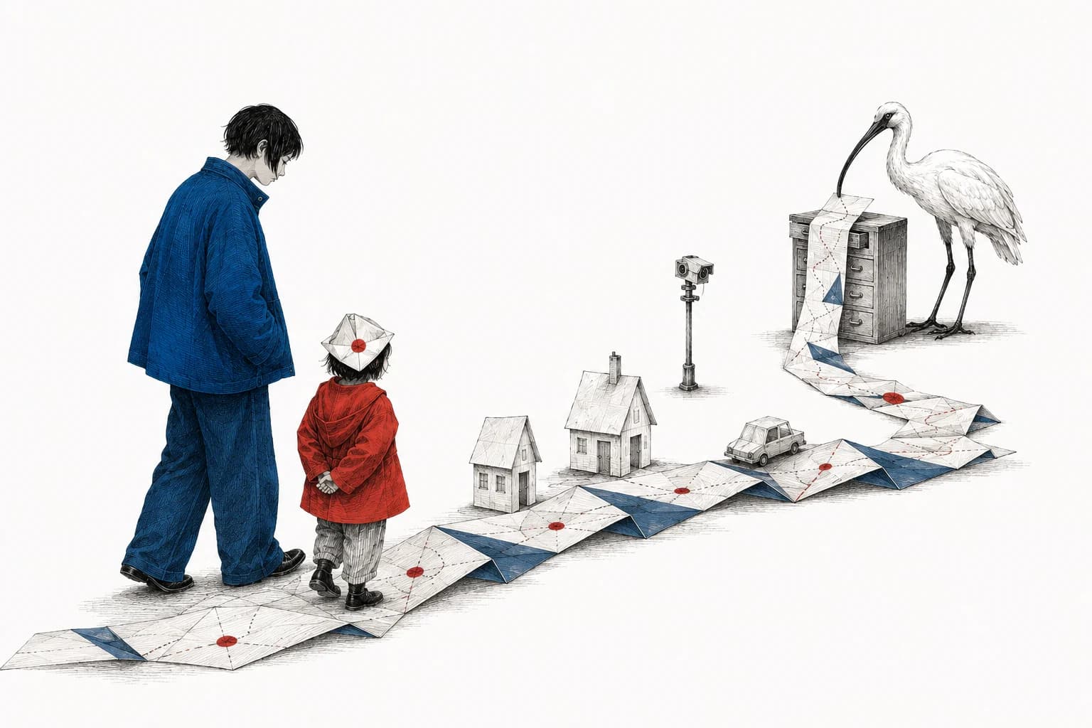 A family walks through a paper town while an ibis files strips of their route into a long ledger.