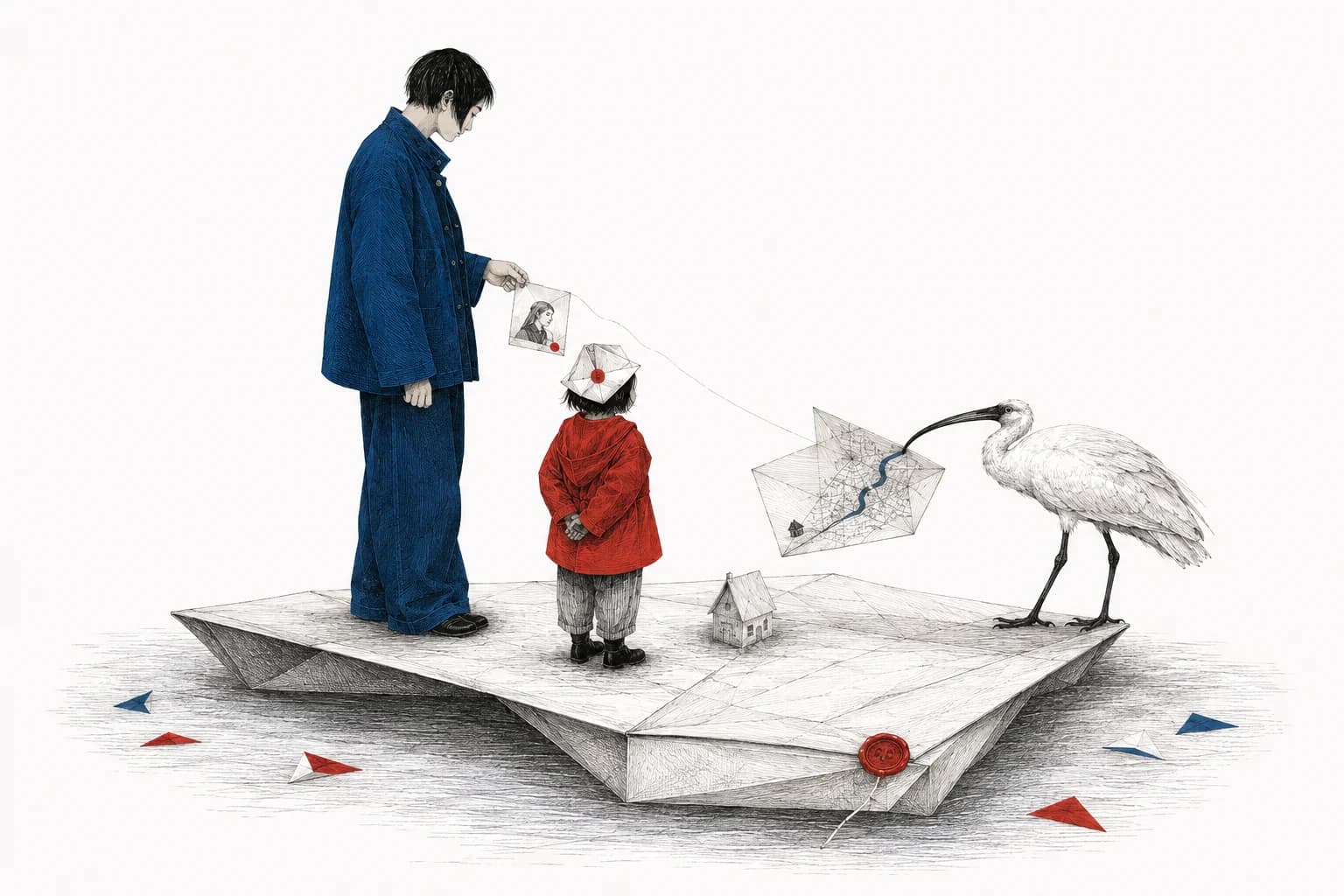 An ibis pulls a thread from a picture, revealing a folded street map beside a parent and child.