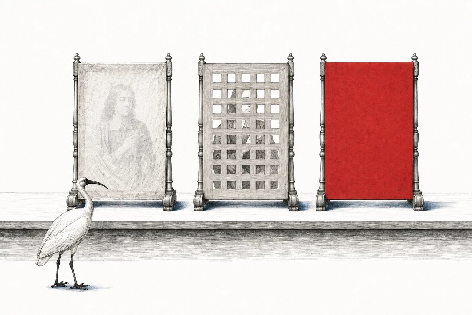 Three portrait frames are covered with translucent paper, a square lattice and opaque red card.