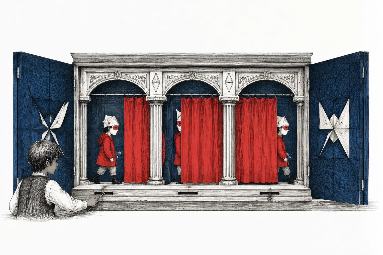 A red curtain moves across a paper theater as a child passes behind its columns.