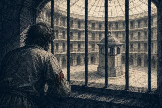 A view from a prison cell towards an inspection tower whose watcher cannot be seen.