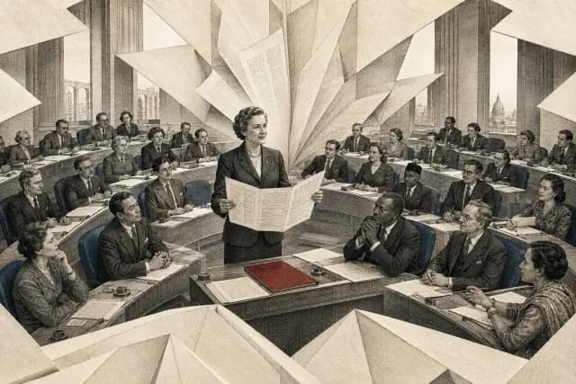 Delegates gathered in an assembly hall with papers before them, evoking the 1948 human rights declaration.