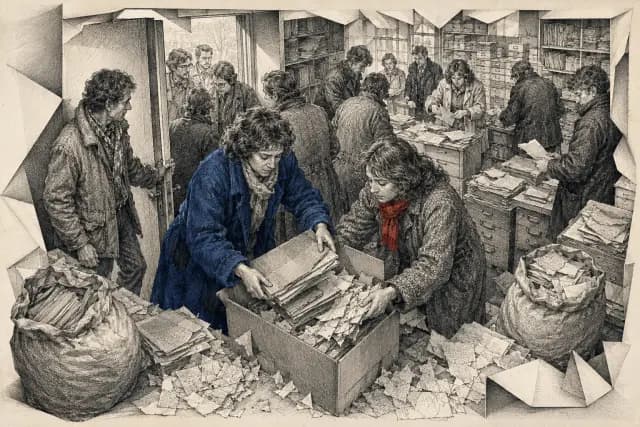 Citizens in an East German records office preserving files and gathering torn papers.