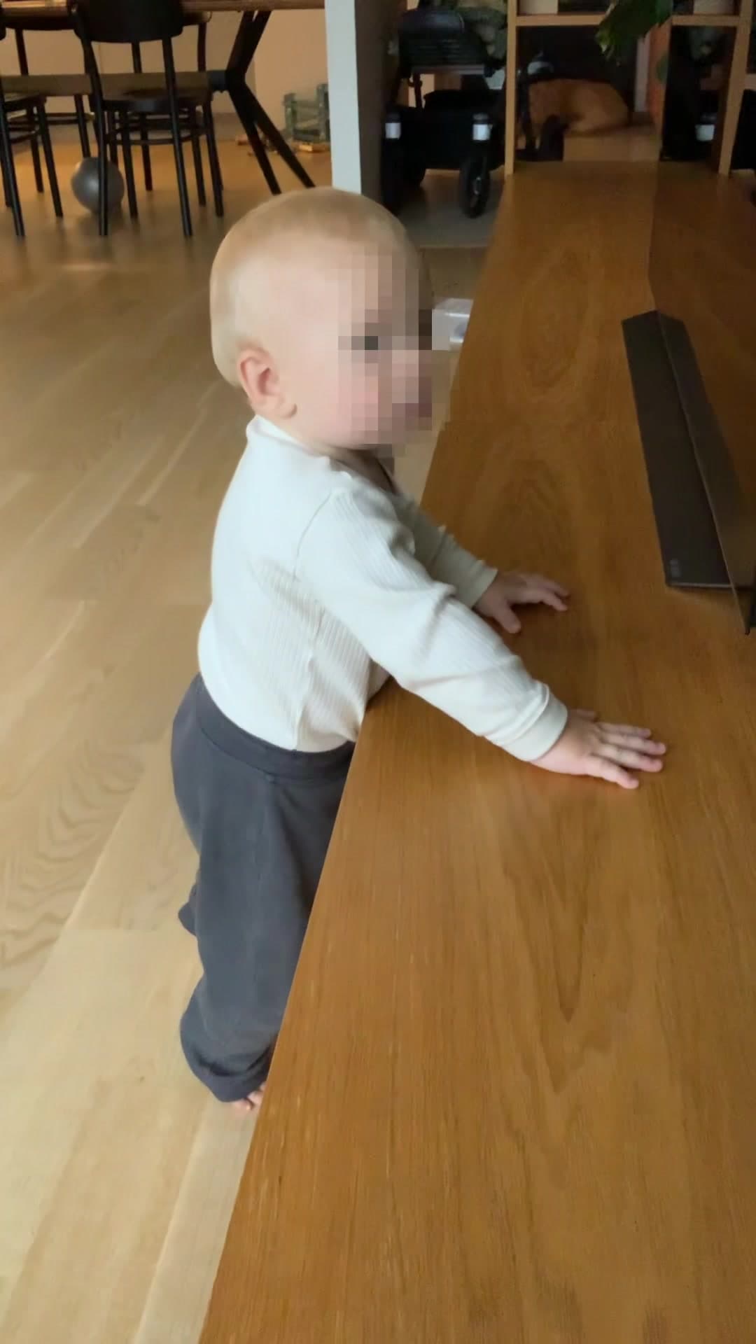 Oscar standing with both hands on a wooden console for support