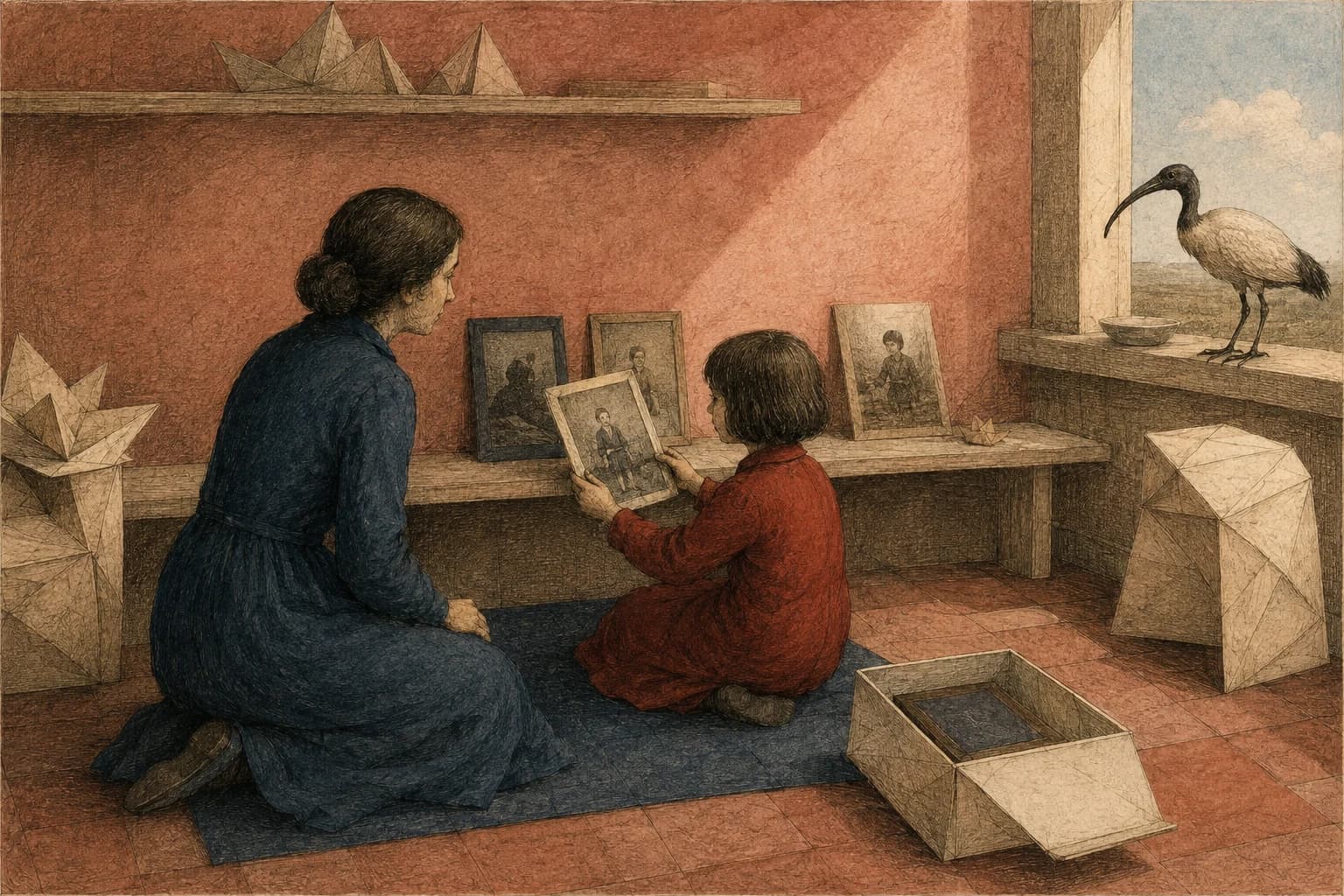 A child chooses a picture from a low shelf while a parent kneels beside them; another picture lies face down in a paper box.