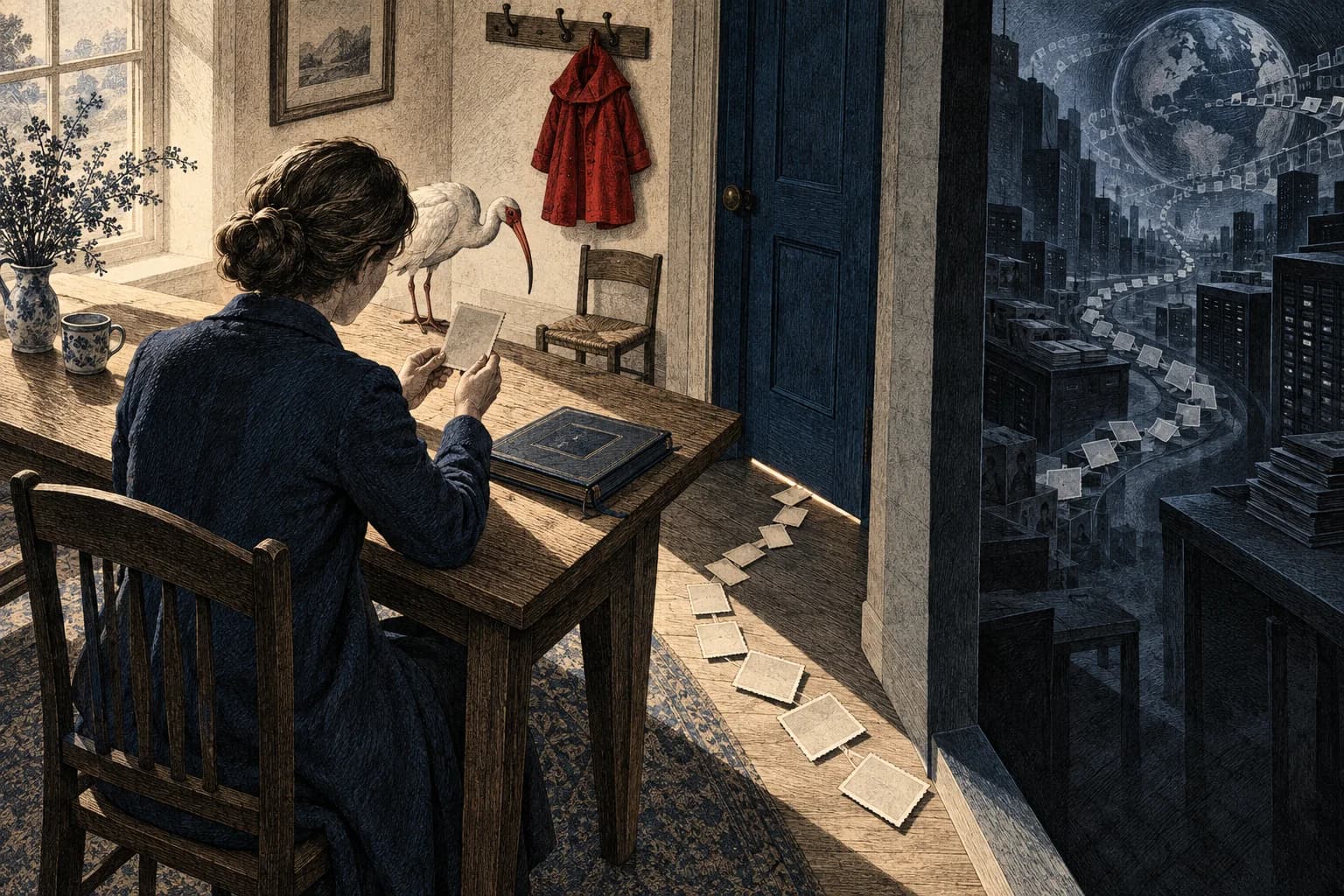 A mother holds a photograph beside a closed album while a trail of copies passes beneath a blue door, with a vast dark archive beyond the room.