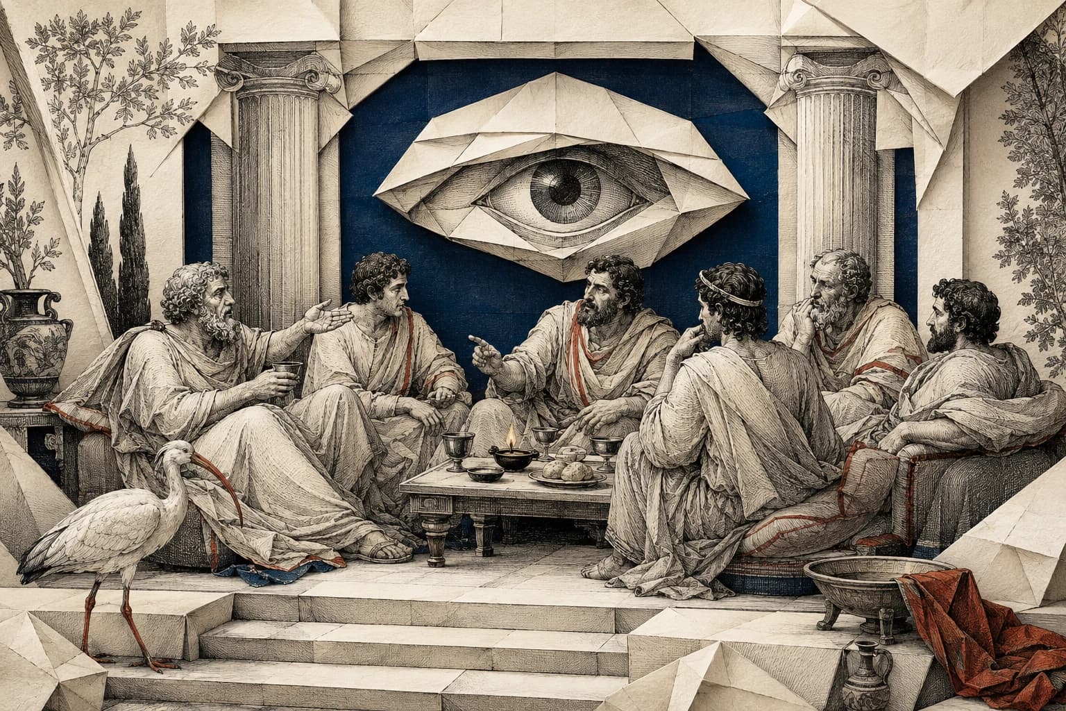 Dinner guests debate beneath a great eye suspended between two columns.