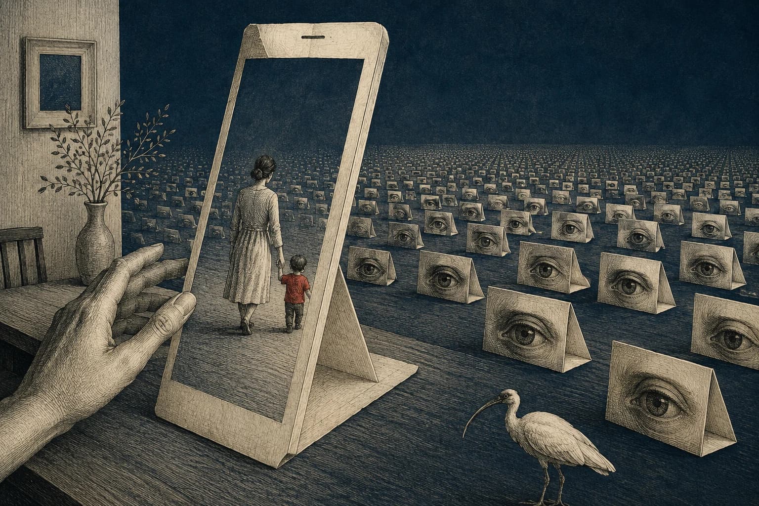 A parent and child look through a phone-shaped doorway into a sea of watching eyes.