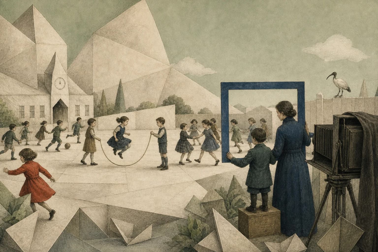 Children play in a folded-paper courtyard while a blue frame selects part of the scene for a camera; a child in red keeps playing outside that frame.