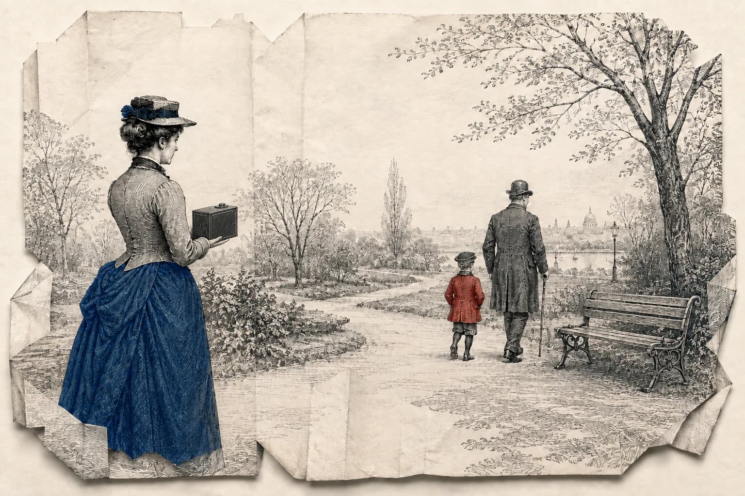 A family being photographed with an early Kodak box camera during an afternoon outdoors.