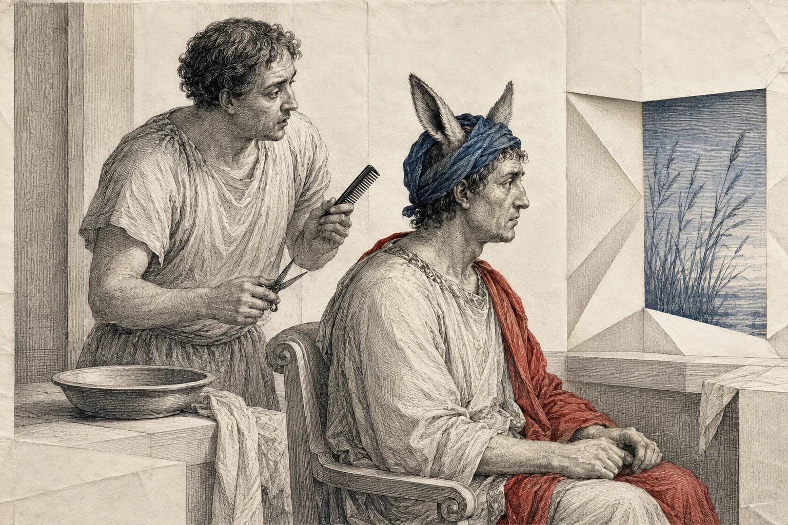 A barber cutting King Midas’s hair with the king’s donkey ears exposed.