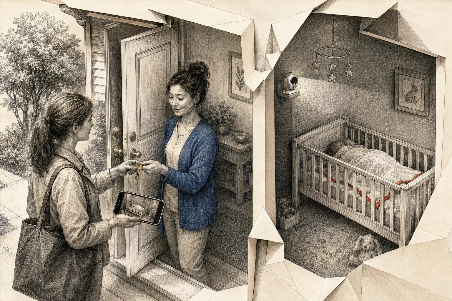 A caregiver returning a house key while a phone still shows the nursery’s baby-monitor view.
