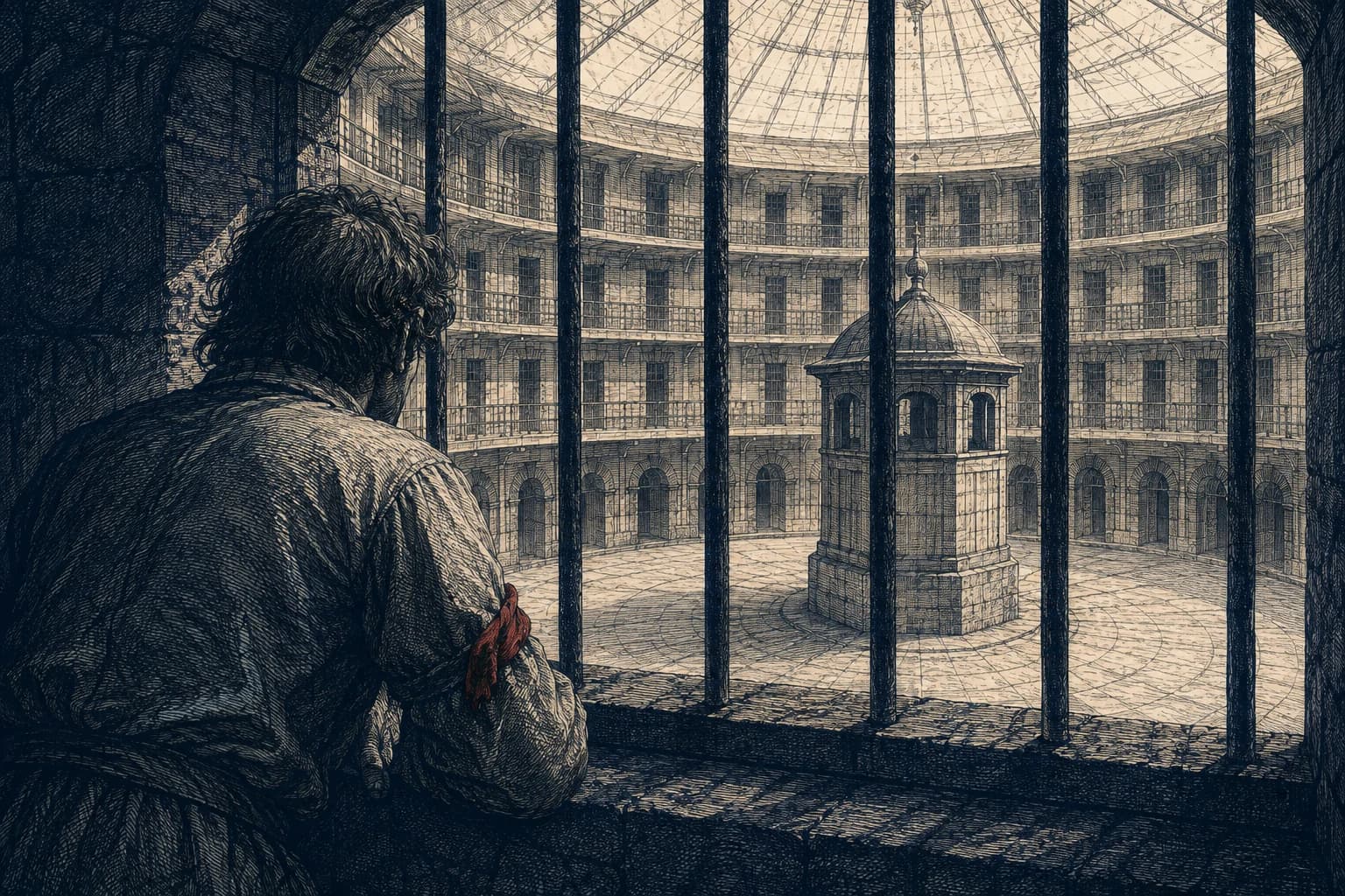 A view from a prison cell towards an inspection tower whose watcher cannot be seen.