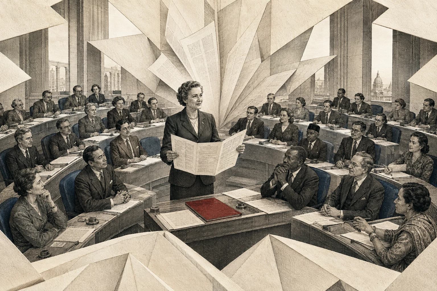 Delegates gathered in an assembly hall with papers before them, evoking the 1948 human rights declaration.