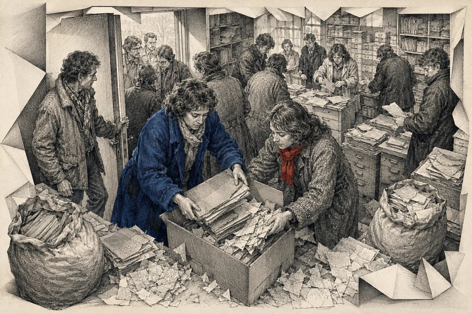 Citizens in an East German records office preserving files and gathering torn papers.