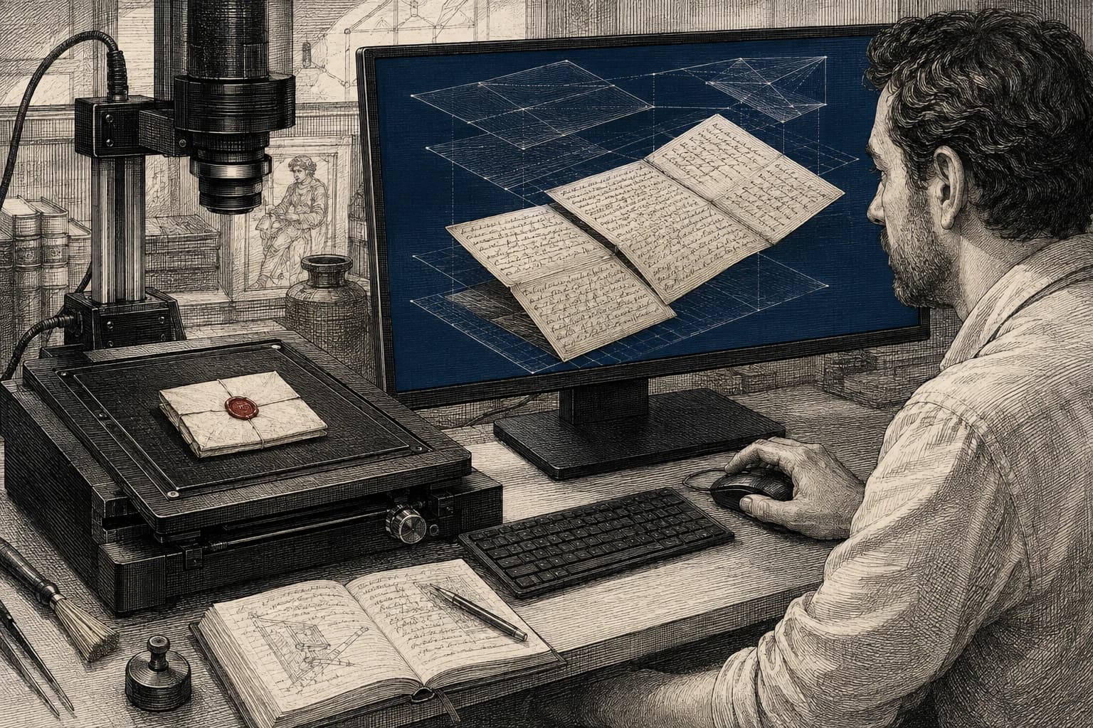 A researcher beside a sealed historic letter and a screen showing its paper unfolding digitally.