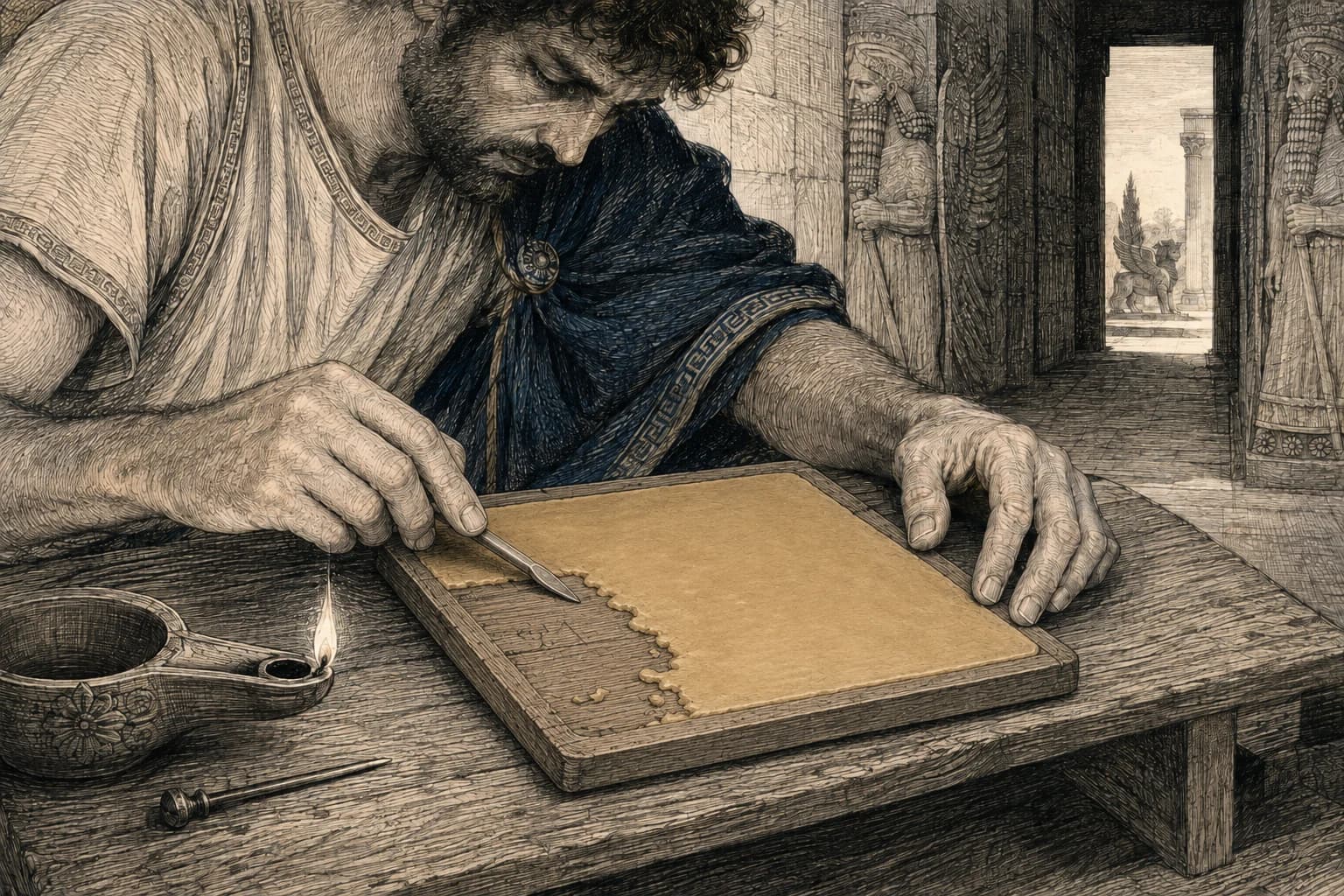 A man scraping wax from a wooden writing tablet, exposing the message on the wood underneath.