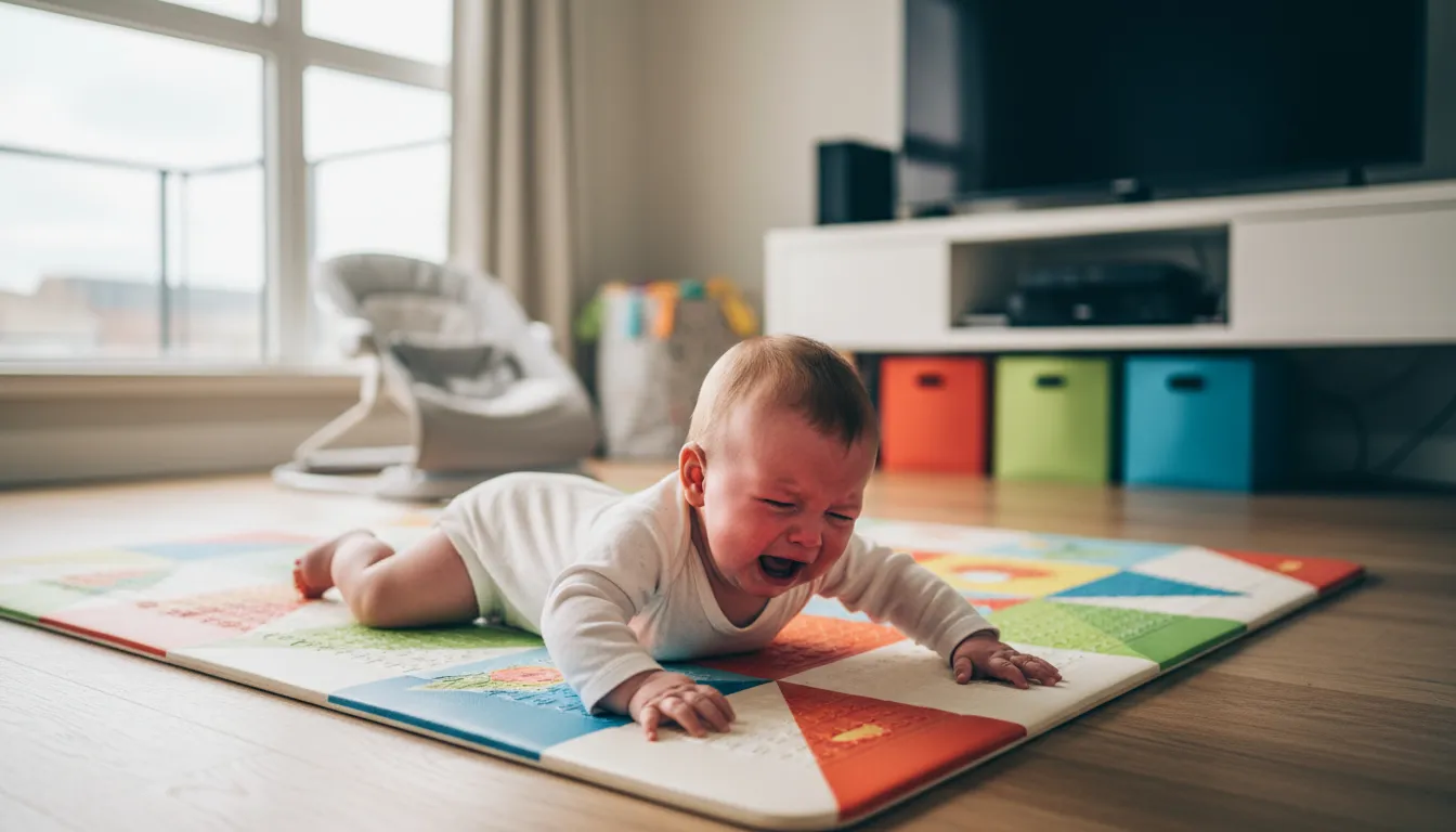 Baby struggling with tummy time on mat