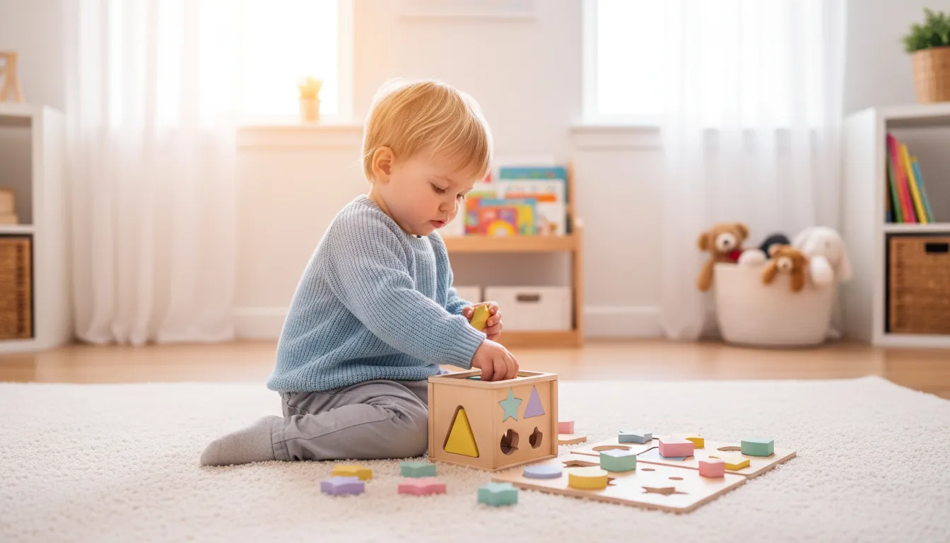 Baby exploring high-contrast toys during supervised floor time