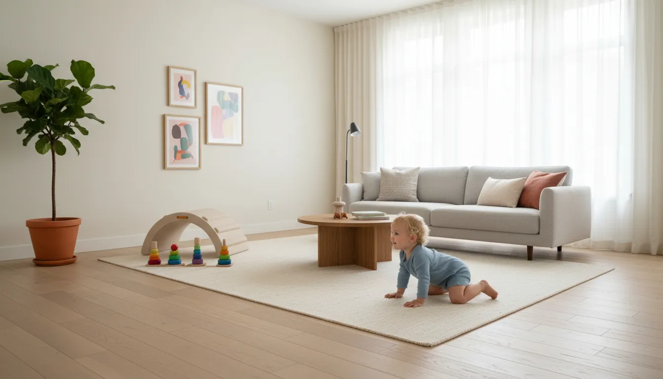 Play space set up with safe floor zone for newborn movement