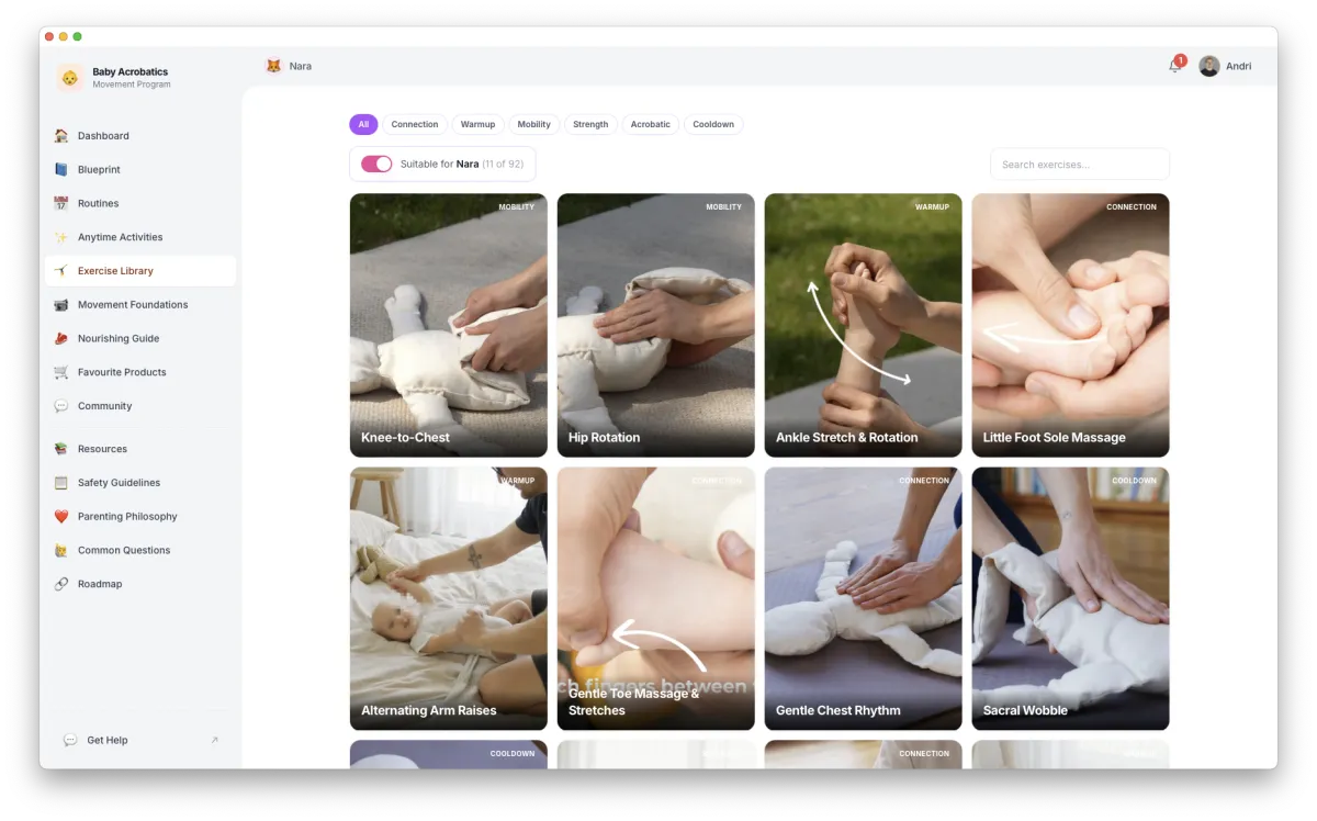 Baby Acrobatics platform dashboard