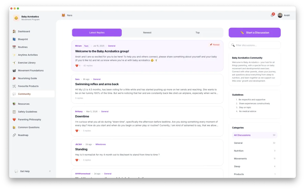 Weekly routine detail showing exercises by category