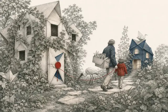 A parent and child carry pictures toward a new house while a red thread still connects them to the overgrown old one.