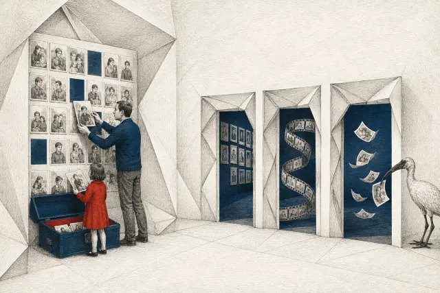 A parent gathers selected portraits into a case while other pictures remain in adjoining rooms.
