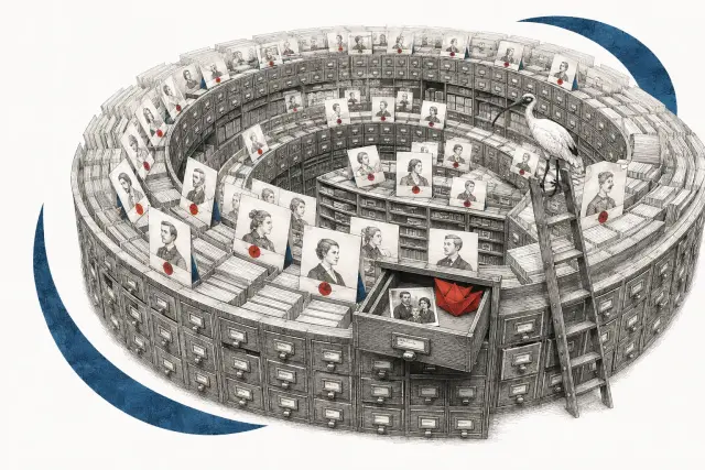 An enormous curved card archive holds a child's red cap inside a drawer marked by an adult portrait.