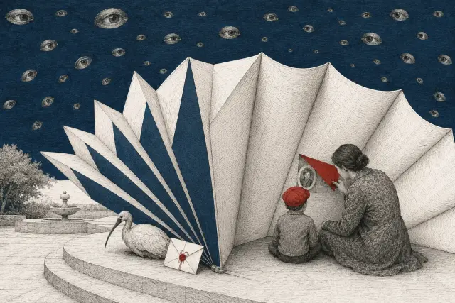 A parent and child sit behind a folded paper screen beneath a blue sky of engraved eyes; an ibis waits beside a sealed letter.