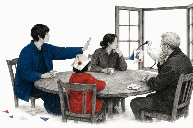 A family passes a picture around a table while a parent pauses its journey toward an open window.