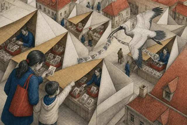 A parent and child find matching portrait cards at several folded-paper market stalls as an ibis carries more overhead.