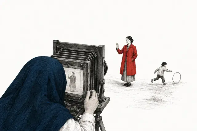 A parent raises a polite hand beside a large bellows camera while a child plays beyond it.