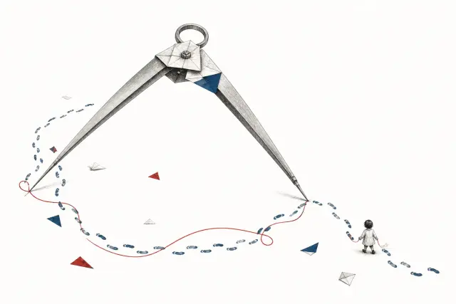 An enormous drafting compass tries to follow a small child's wandering route.