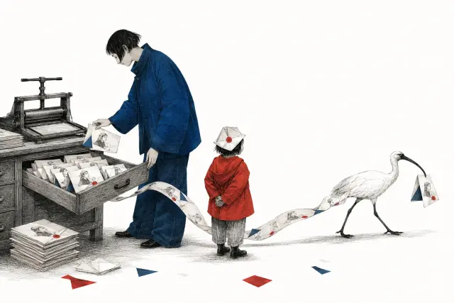 A parent gathers printed portraits while a child watches an ibis carry another copy away.