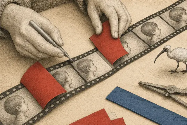 Hands fit red paper covers across a diagonal strip of moving portraits, beside a blue ruler and a small ibis.